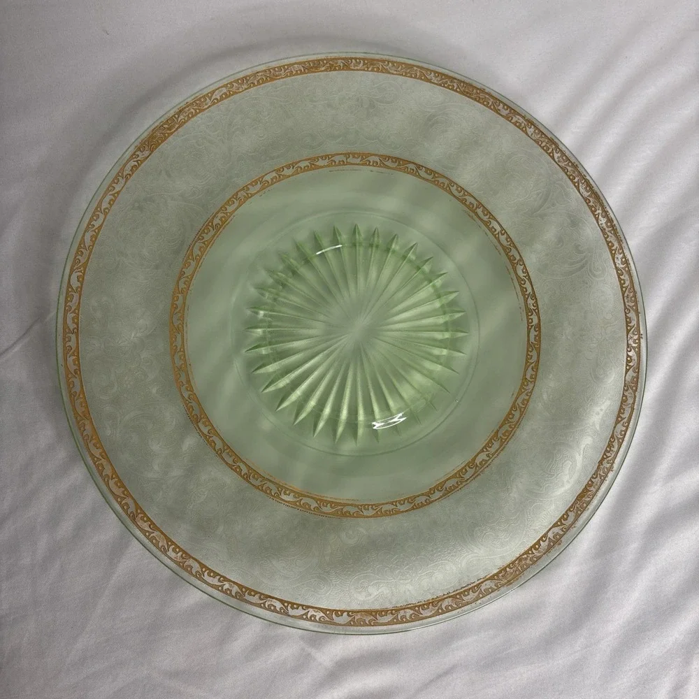 Uranium Starburst Antique Green Glass Etched Gilded Plate